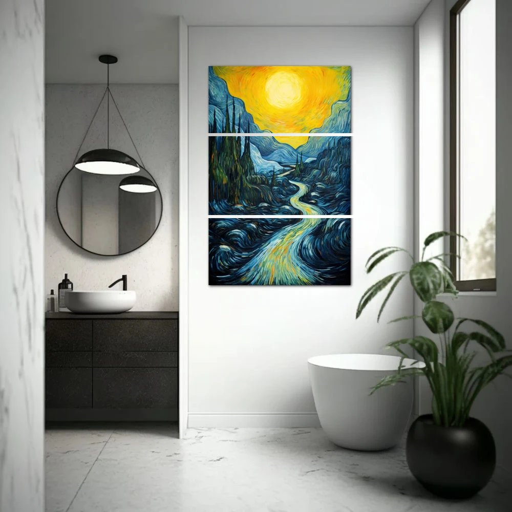 Cuadro la cascada v2 en formato tríptico con colores amarillo, azul; decorando pared de baño