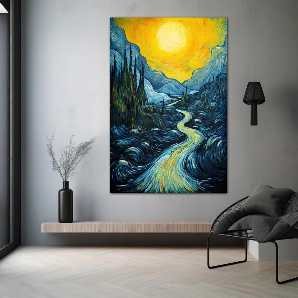 Cuadro la cascada v2 en formato vertical con colores amarillo, azul; decorando pared gris