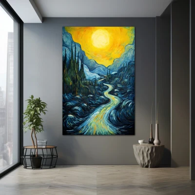 Cuadro la cascada v2 en formato vertical con colores amarillo, azul; decorando pared gris