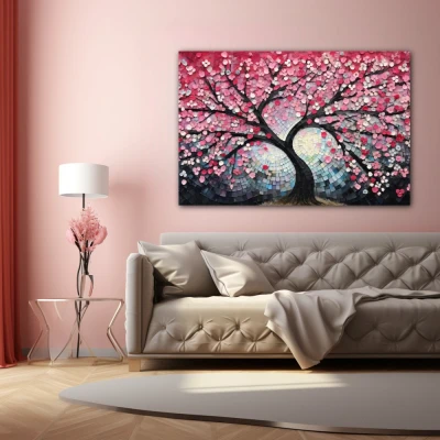 Cuadro matices del cerezo primaveral en formato horizontal con colores celeste, rosa, pastel; decorando pared de encima del sofá