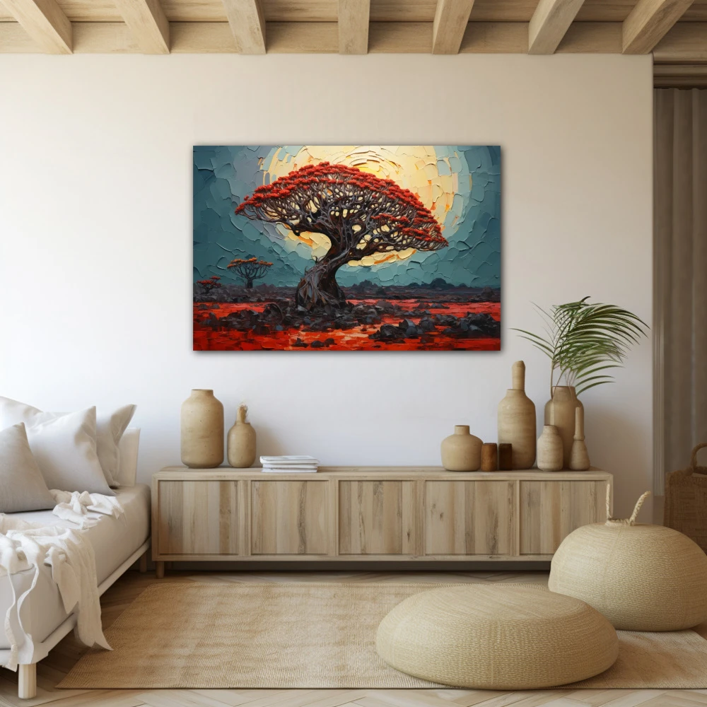 Cuadro drago bajo esencia lunar en formato horizontal con colores negro, rojo; decorando pared beige