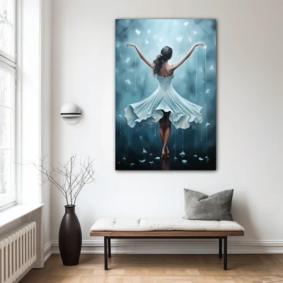 Cuadro bailar libera el alma en formato vertical con colores blanco, celeste, gris; decorando pared blanca