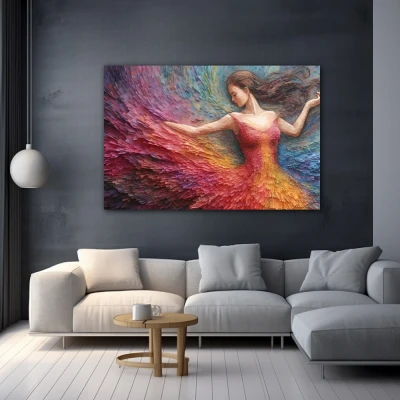 Cuadro la música es la poesía del aire en formato horizontal con colores amarillo, celeste; decorando pared gris