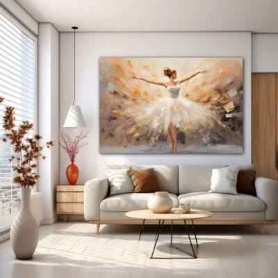 Cuadro baila bajo una lluvia de emociones en formato horizontal con colores marrón, beige, pastel; decorando pared blanca Cuadro baila bajo una lluvia de emociones en formato horizontal con colores marrón, beige, pastel; decorando pared blanca