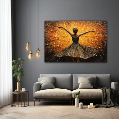 Wall Art titled: Dance with Passion and Freedom in a Horizontal format with: Yellow, and Brown Colors; Decoration the Grey Walls wall