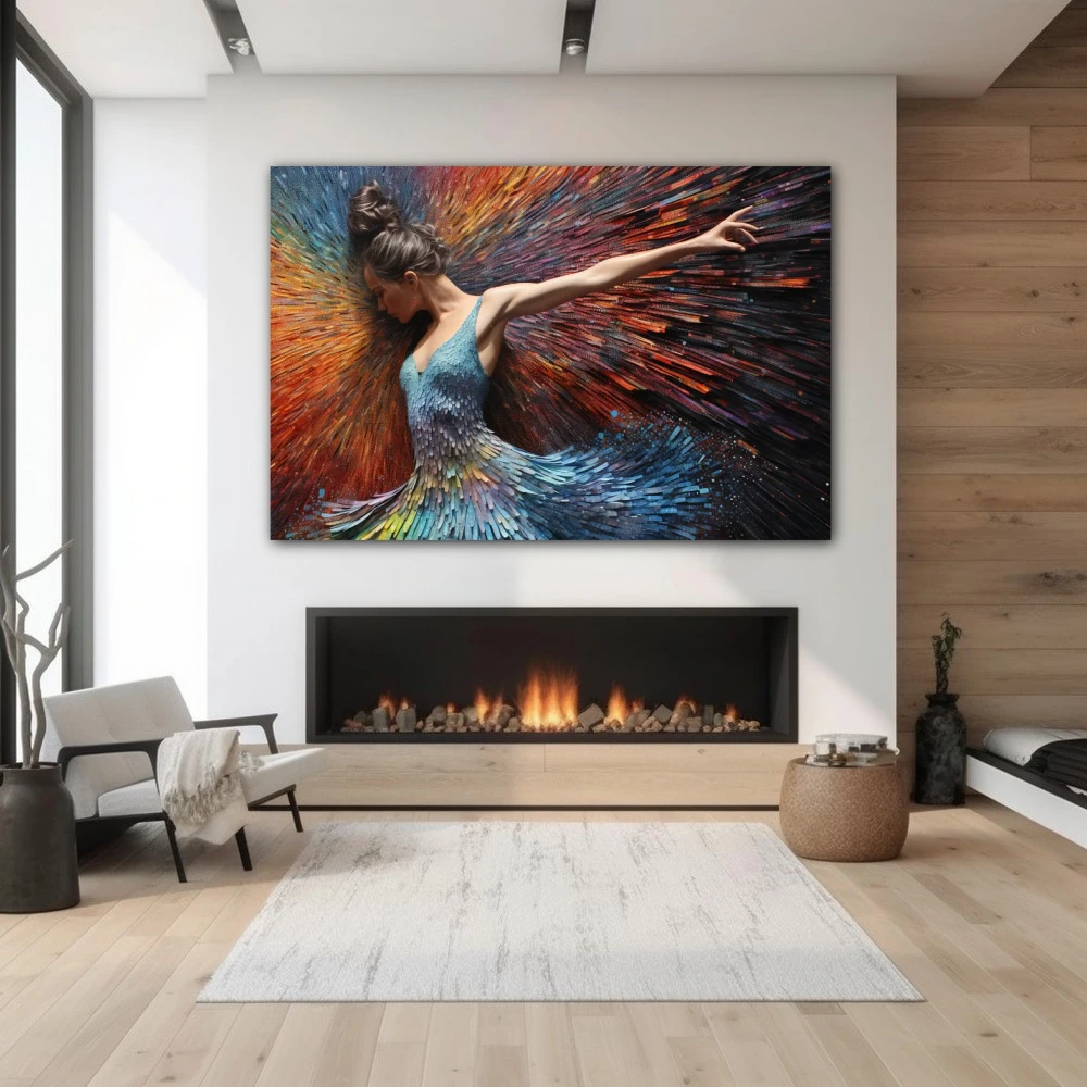 Wall Art titled: Spirit-Healing Vibrations in a Horizontal format with: Blue, Orange, and Vivid Colors; Decoration the Fireplace wall