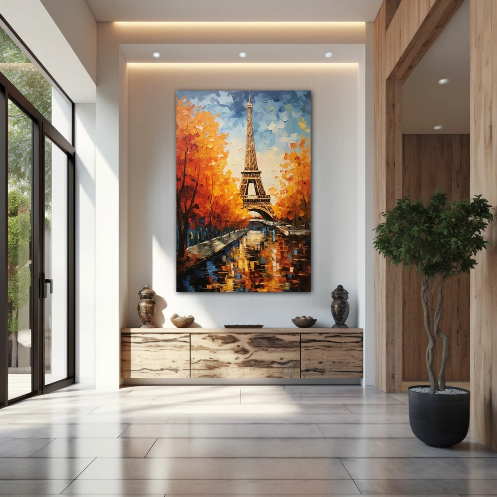 Cuadro parís responde a todo lo que el corazón desea en formato vertical con colores celeste, marrón, naranja; decorando pared de entrada y recibidor