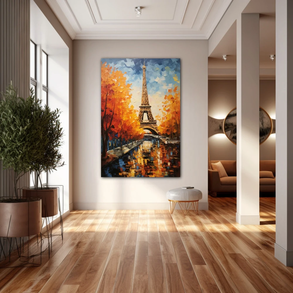 Cuadro parís responde a todo lo que el corazón desea en formato vertical con colores celeste, marrón, naranja; decorando pared de pasillo