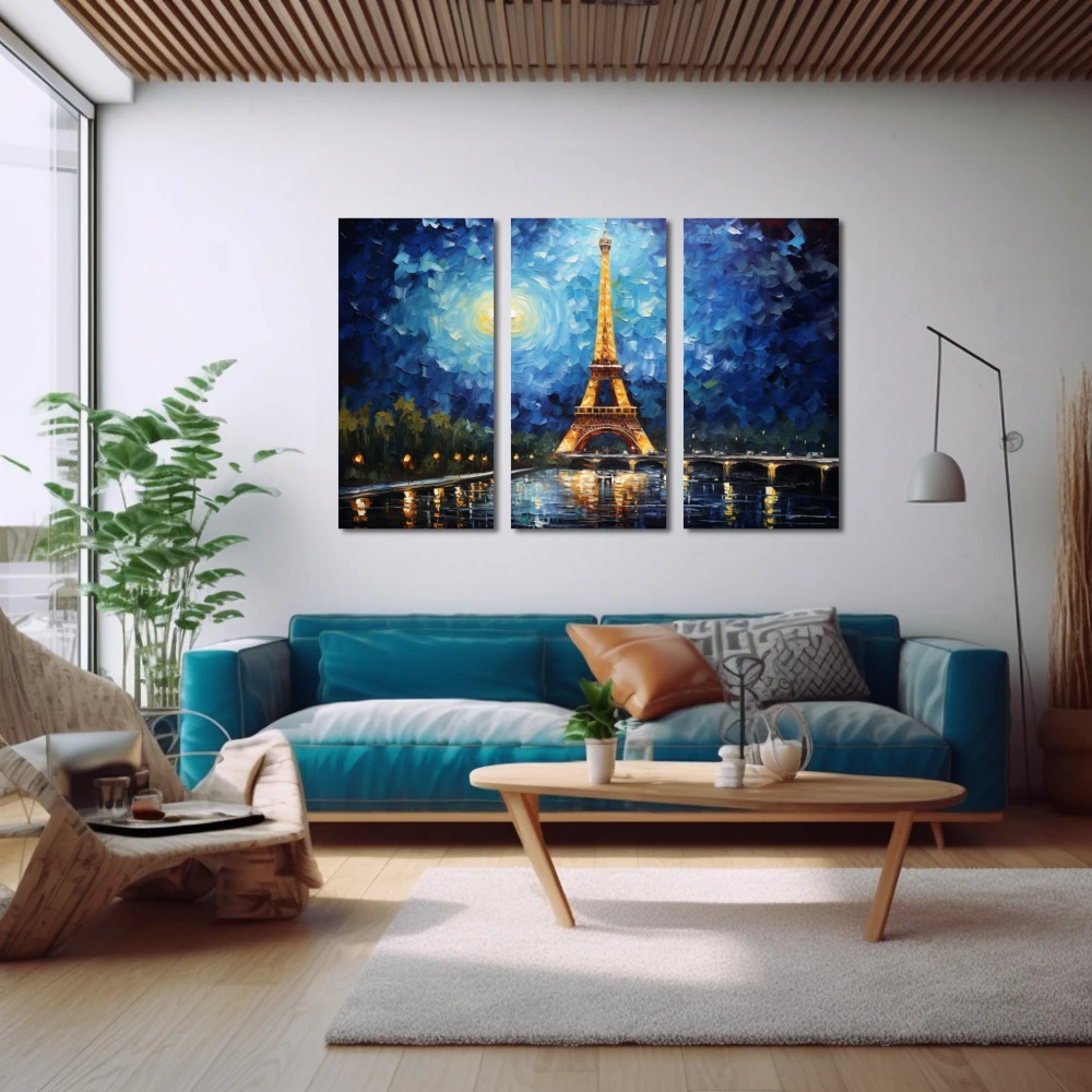 Cuadro siempre nos quedará parís en formato tríptico con colores azul, celeste; decorando pared de encima del sofá