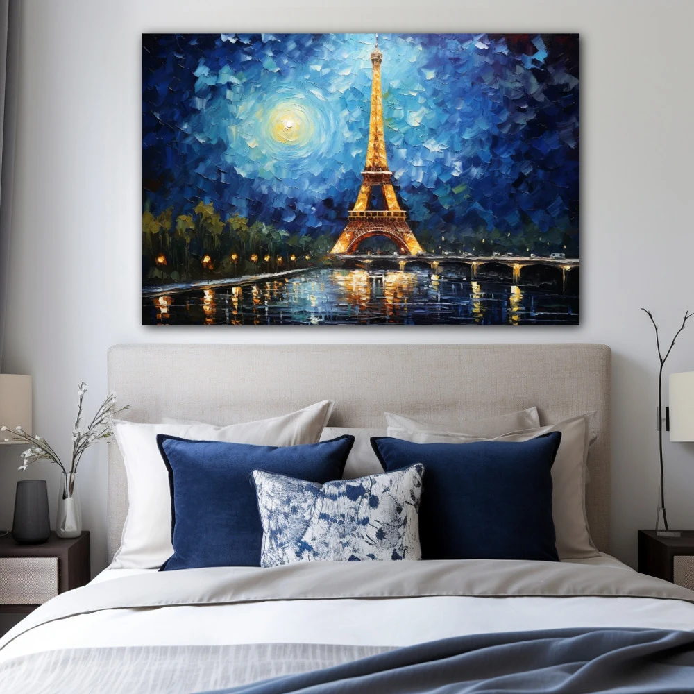 Cuadro siempre nos quedará parís en formato horizontal con colores azul, celeste; decorando pared de habitación dormitorio