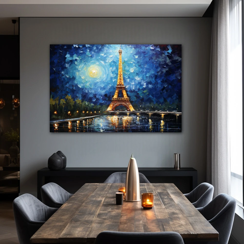 Cuadro siempre nos quedará parís en formato horizontal con colores azul, celeste; decorando pared de salón comedor