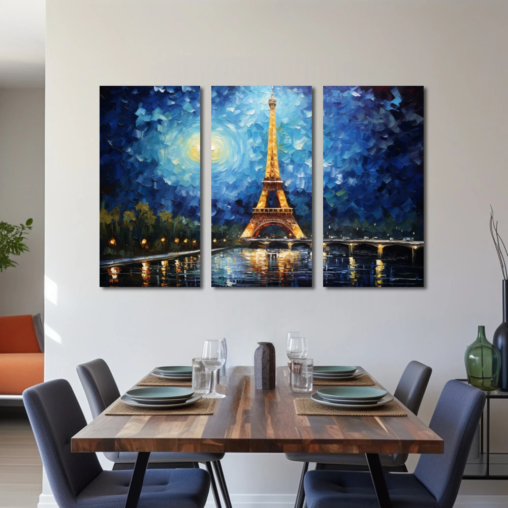 Cuadro siempre nos quedará parís en formato tríptico con colores azul, celeste; decorando pared de salón comedor