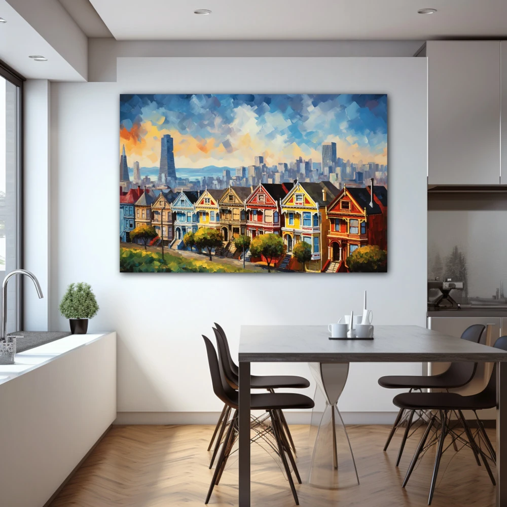 Wall Art titled: Dawn in San Francisco in a Horizontal format with: Yellow, Blue, and Red Colors; Decoration the Kitchen wall