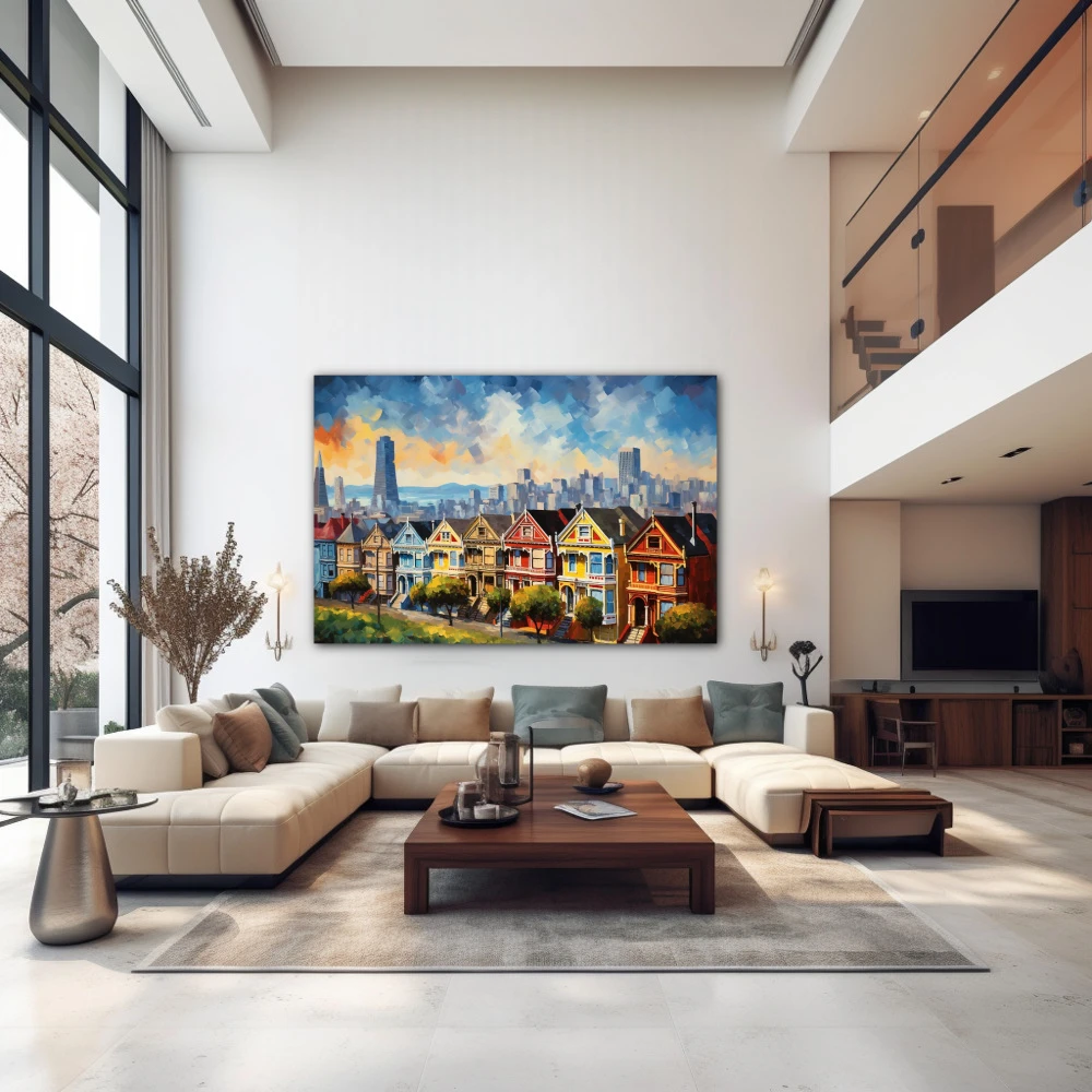 Wall Art titled: Dawn in San Francisco in a Horizontal format with: Yellow, Blue, and Red Colors; Decoration the Above Couch wall