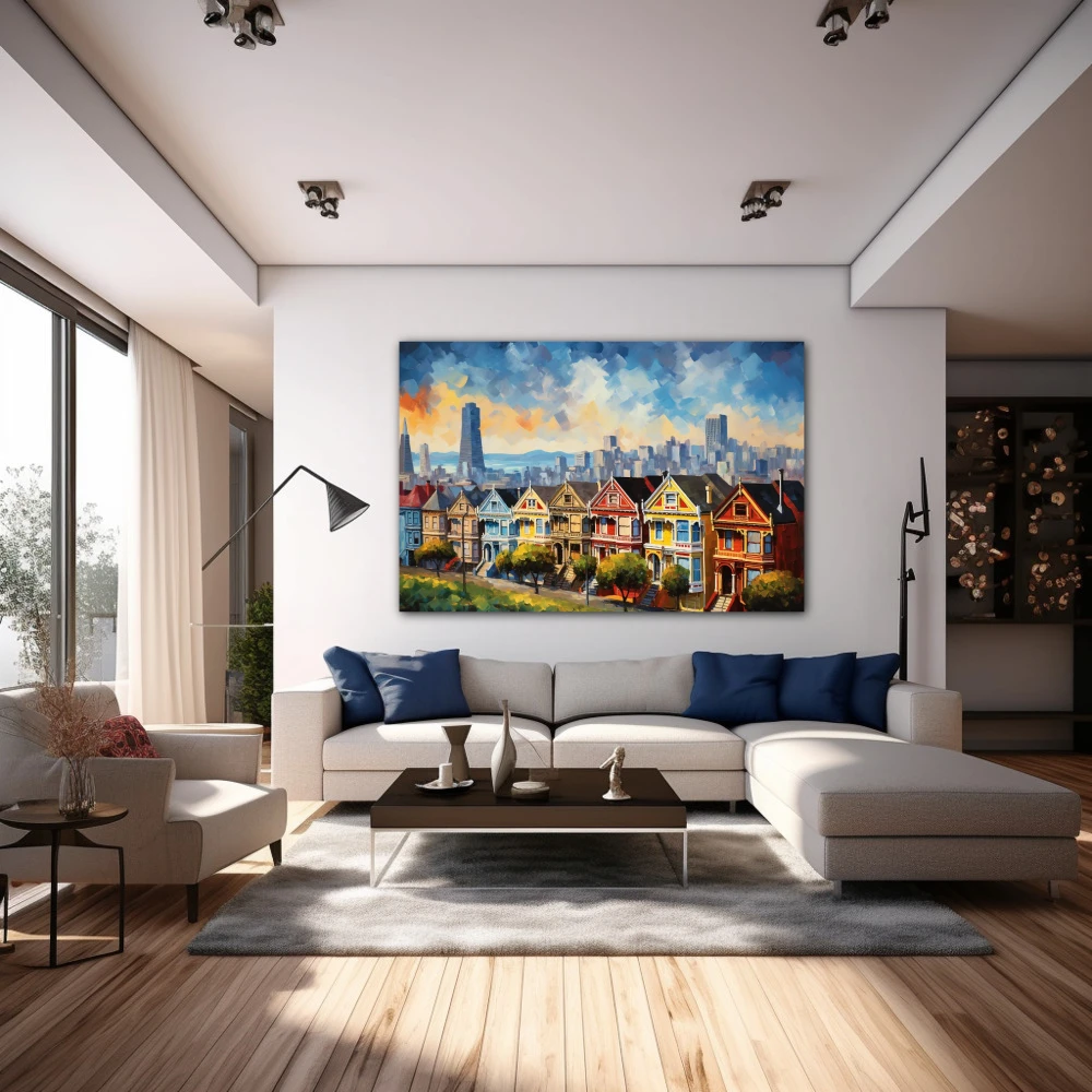 Wall Art titled: Dawn in San Francisco in a Horizontal format with: Yellow, Blue, and Red Colors; Decoration the Above Couch wall