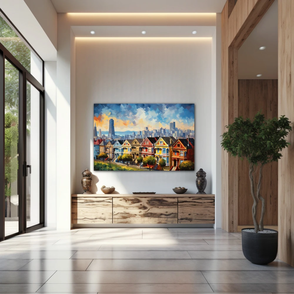 Wall Art titled: Dawn in San Francisco in a Horizontal format with: Yellow, Blue, and Red Colors; Decoration the Entryway wall