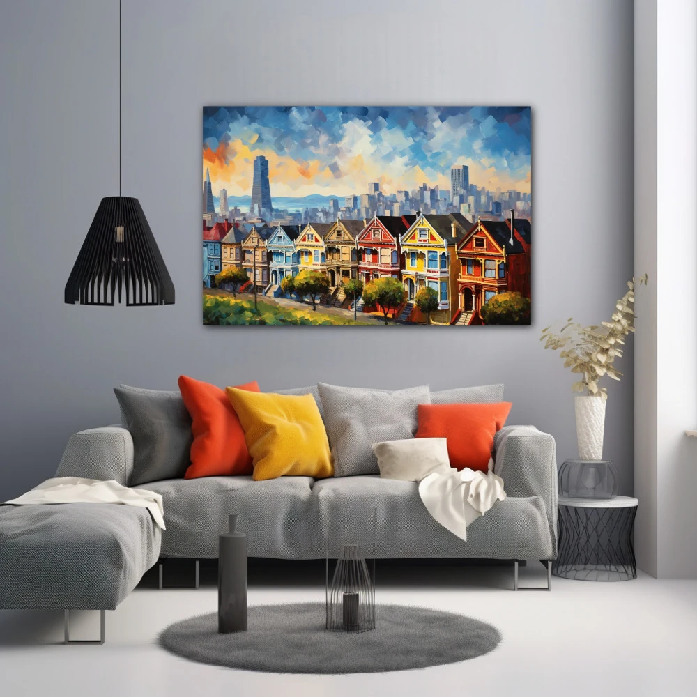 Wall Art titled: Dawn in San Francisco in a Horizontal format with: Yellow, Blue, and Red Colors; Decoration the Grey Walls wall