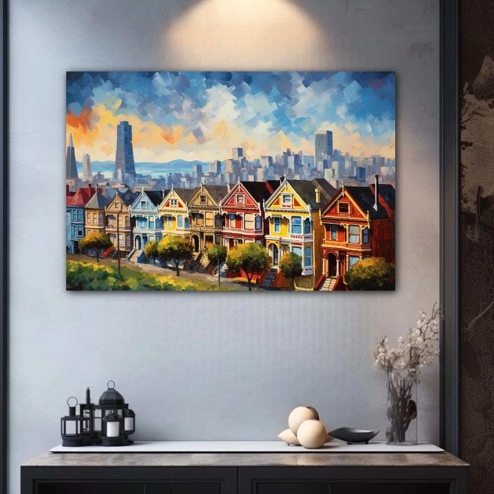 Wall Art titled: Dawn in San Francisco in a Horizontal format with: Yellow, Blue, and Red Colors; Decoration the Grey Walls wall