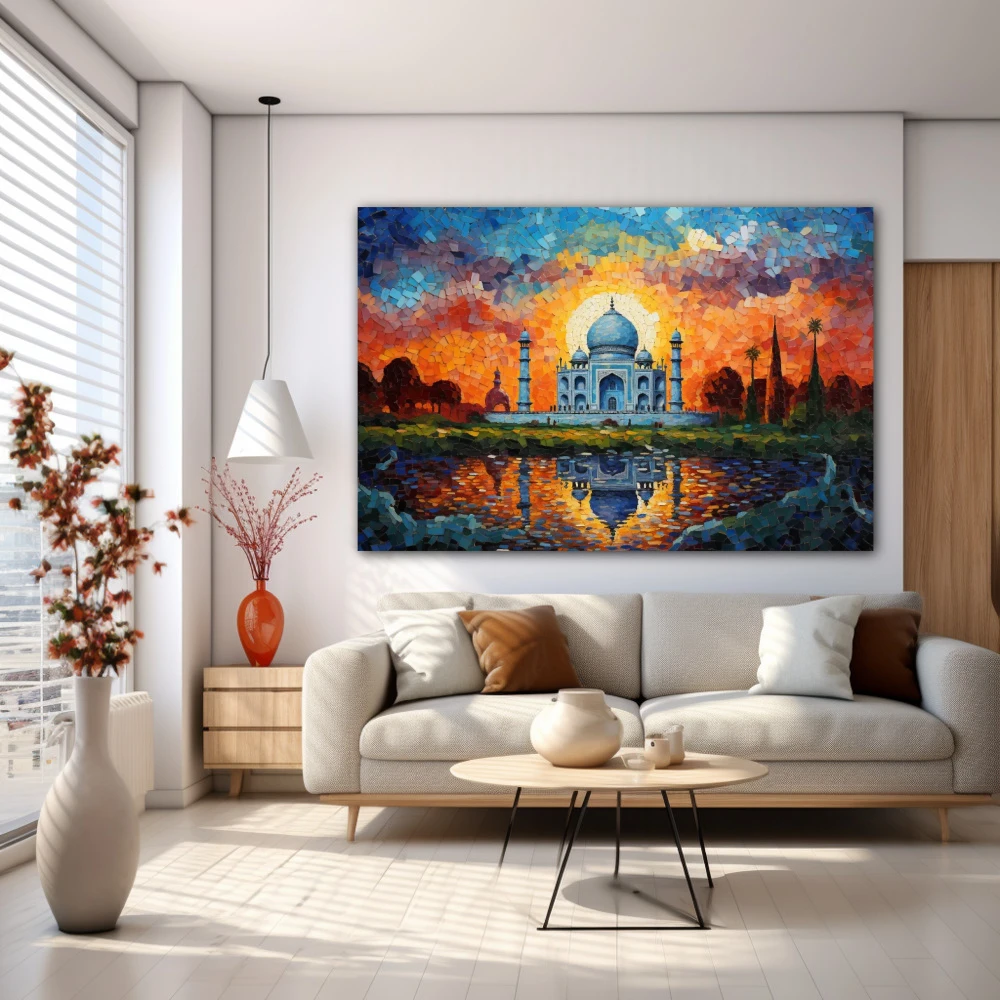 Cuadro una preciosa historia de amor en formato horizontal con colores azul, celeste, naranja; decorando pared blanca