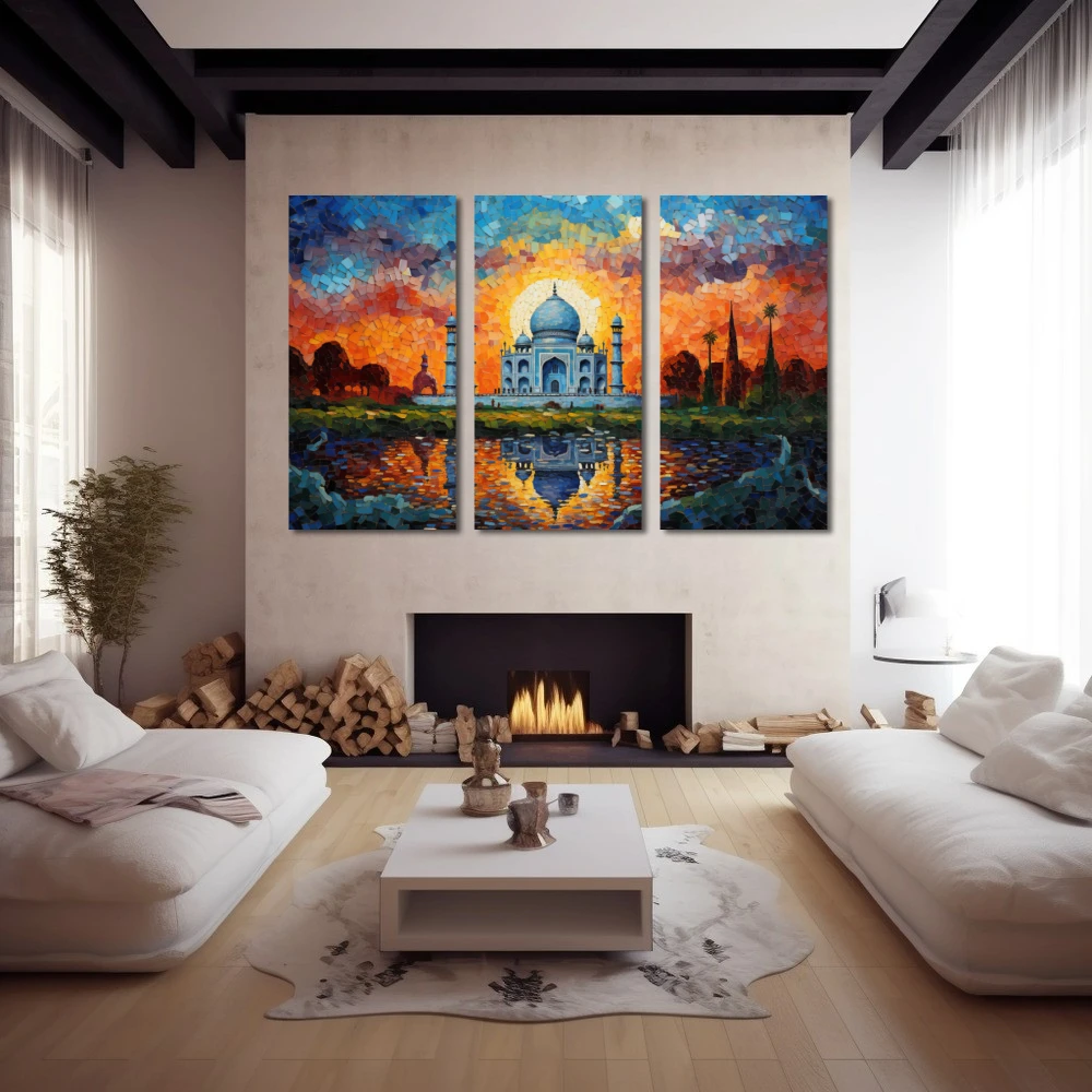 Cuadro una preciosa historia de amor en formato tríptico con colores azul, celeste, naranja; decorando pared de chimenea