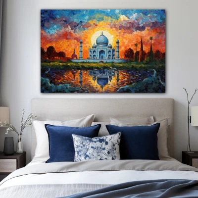 Cuadro una preciosa historia de amor en formato horizontal con colores azul, celeste, naranja; decorando pared de habitación dormitorio