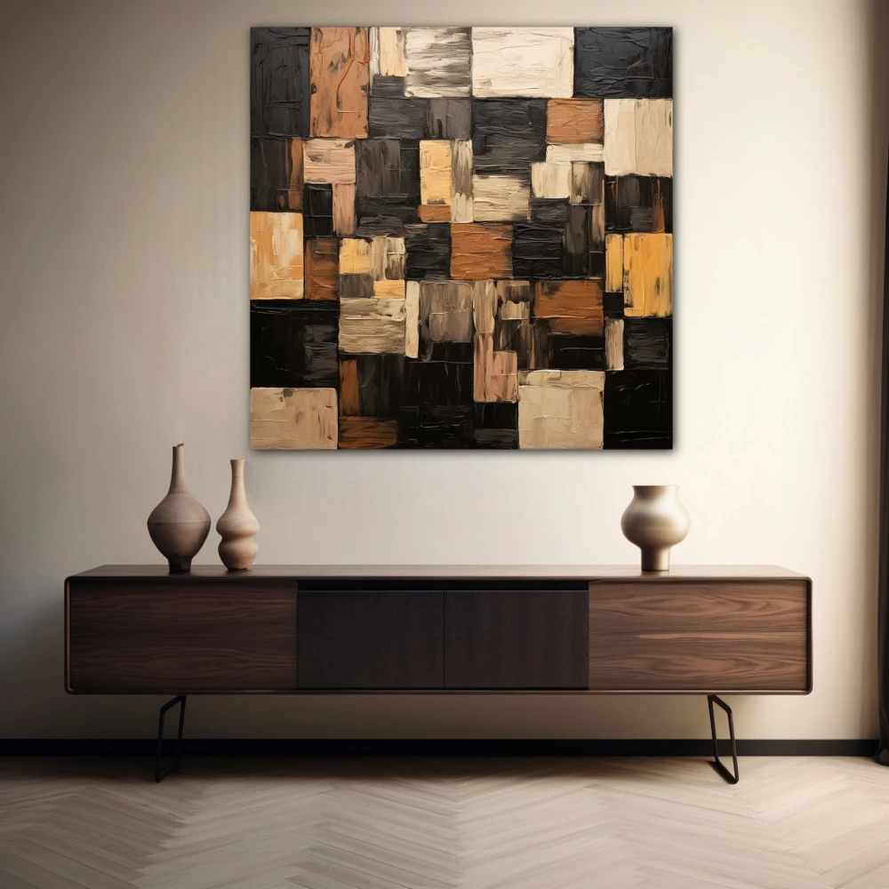 Wall Art titled: Geometric Brushstrokes in a Square format with: Brown, Black, and Beige Colors; Decoration the Sideboard wall