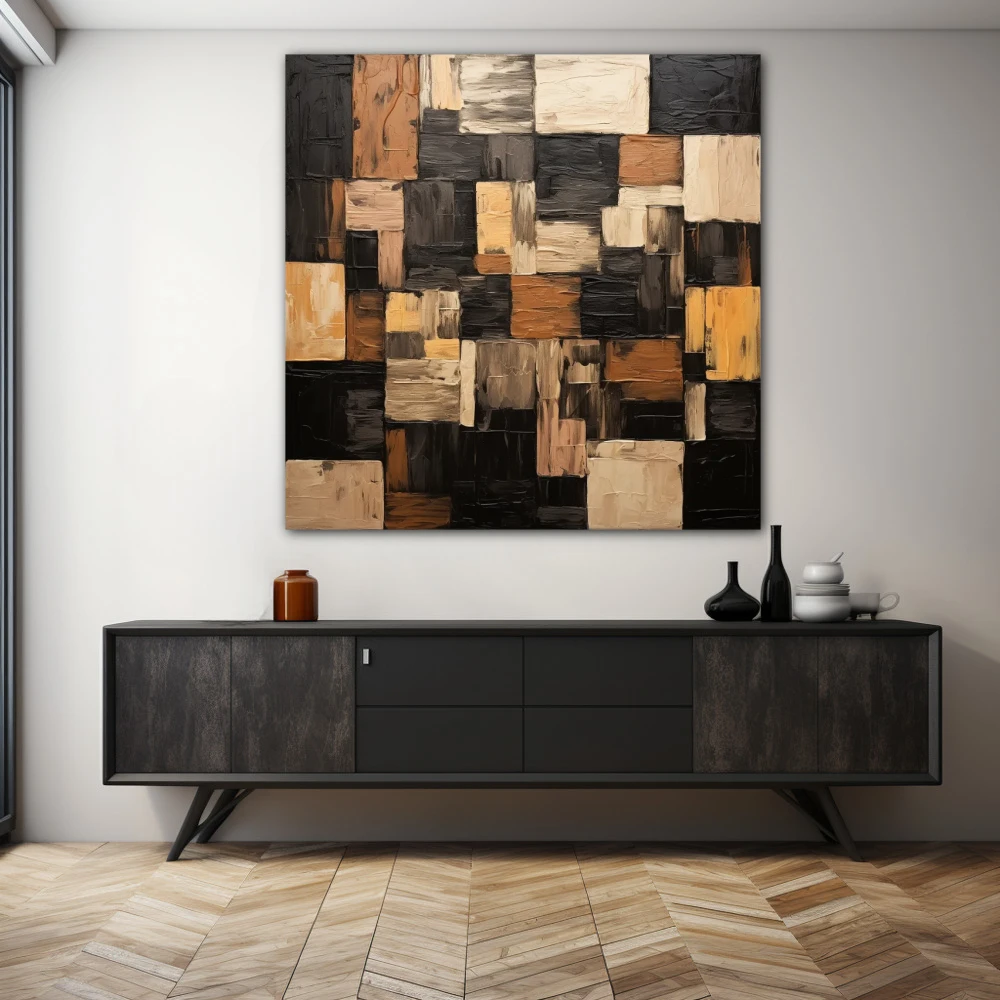 Wall Art titled: Geometric Brushstrokes in a Square format with: Brown, Black, and Beige Colors; Decoration the Sideboard wall