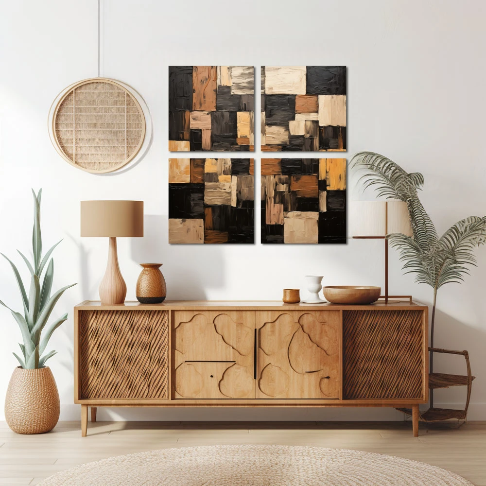 Wall Art titled: Geometric Brushstrokes in a Square format with: Brown, Black, and Beige Colors; Decoration the Sideboard wall