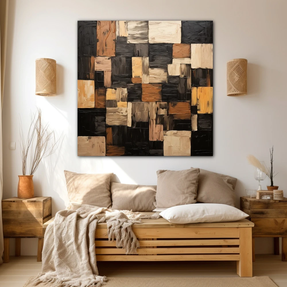 Wall Art titled: Geometric Brushstrokes in a Square format with: Brown, Black, and Beige Colors; Decoration the Beige Wall wall