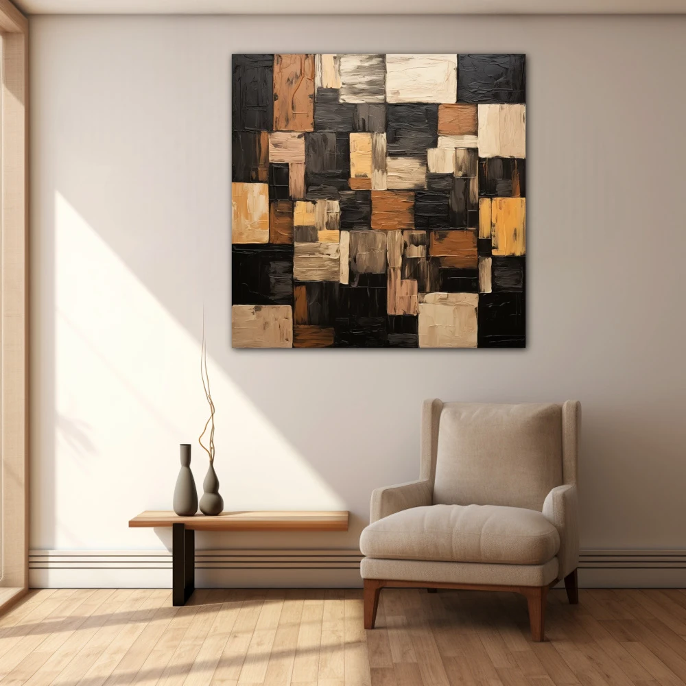 Wall Art titled: Geometric Brushstrokes in a Square format with: Brown, Black, and Beige Colors; Decoration the Beige Wall wall