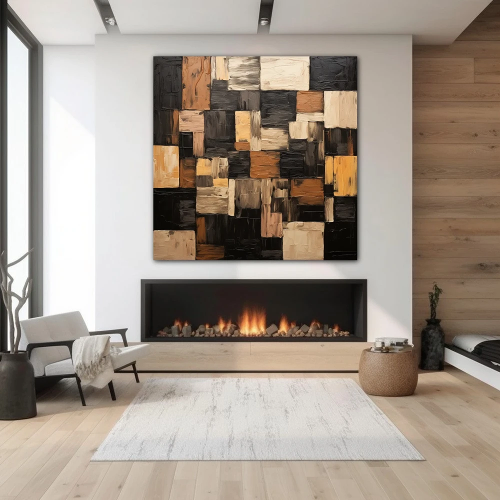 Wall Art titled: Geometric Brushstrokes in a Square format with: Brown, Black, and Beige Colors; Decoration the Fireplace wall