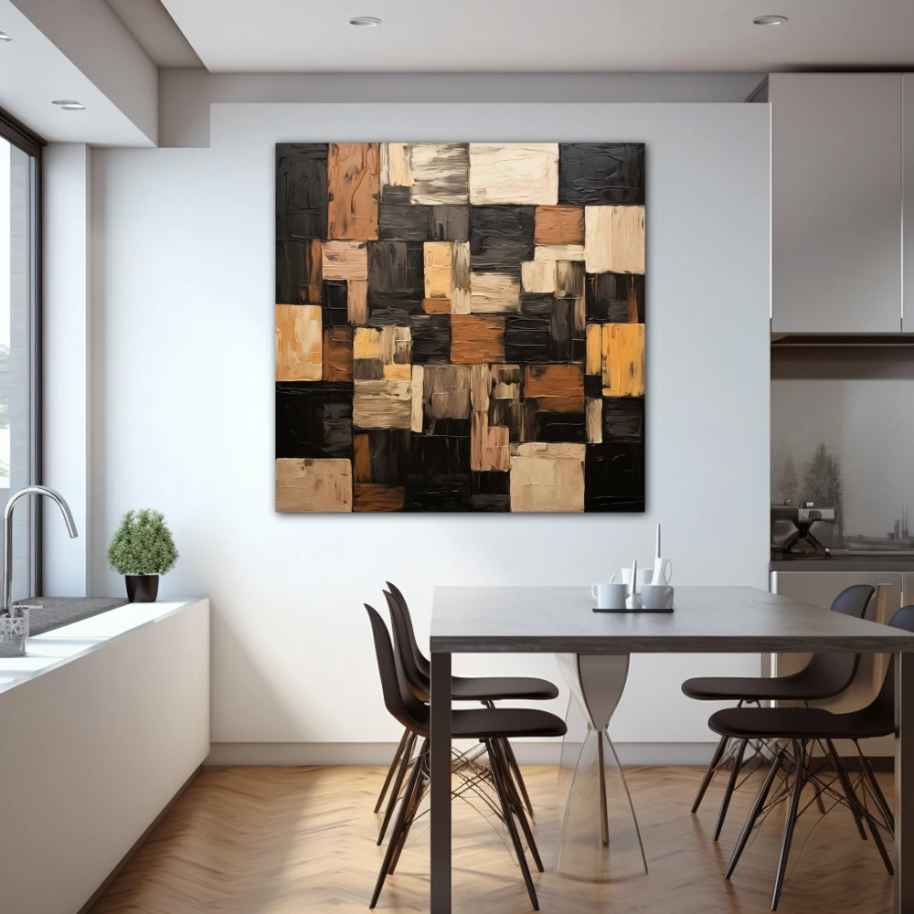 Wall Art titled: Geometric Brushstrokes in a Square format with: Brown, Black, and Beige Colors; Decoration the Kitchen wall