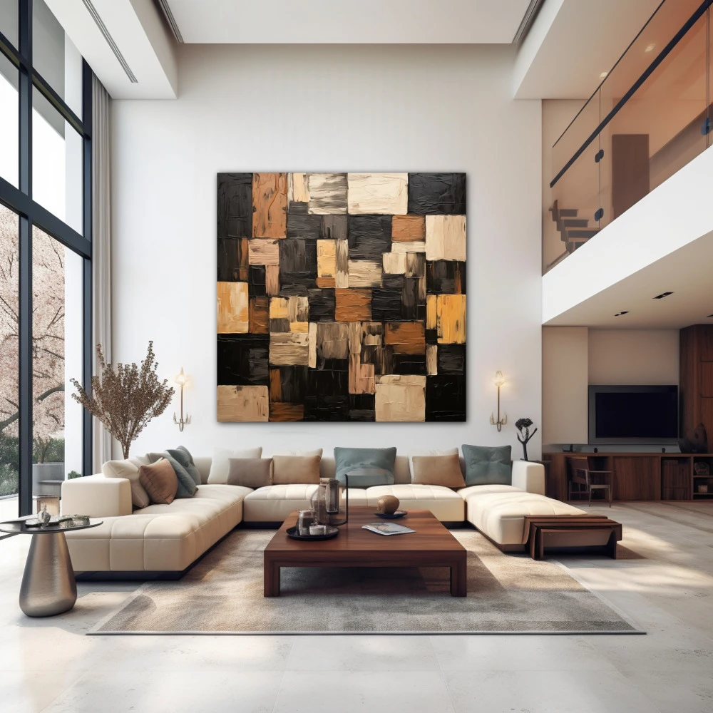 Wall Art titled: Geometric Brushstrokes in a Square format with: Brown, Black, and Beige Colors; Decoration the Above Couch wall