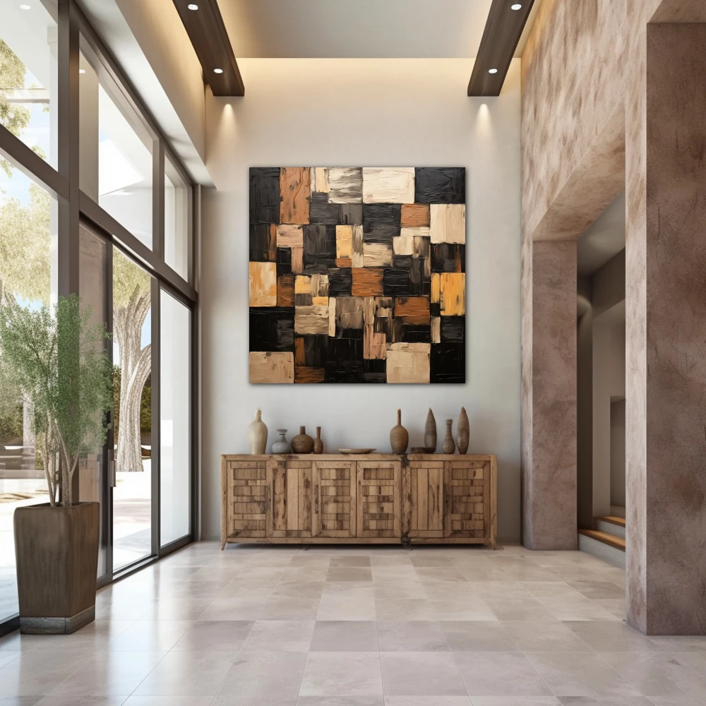 Wall Art titled: Geometric Brushstrokes in a Square format with: Brown, Black, and Beige Colors; Decoration the Entryway wall