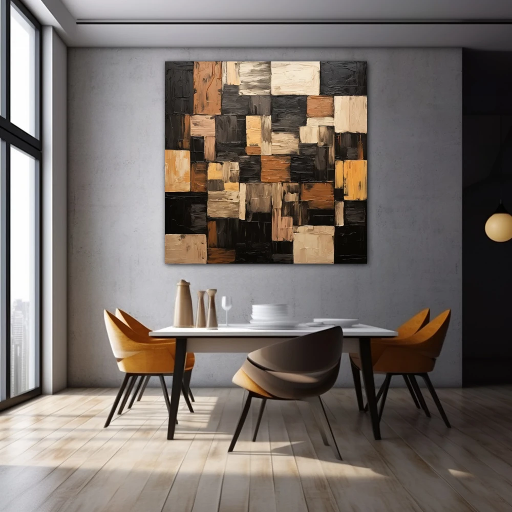 Wall Art titled: Geometric Brushstrokes in a Square format with: Brown, Black, and Beige Colors; Decoration the Grey Walls wall