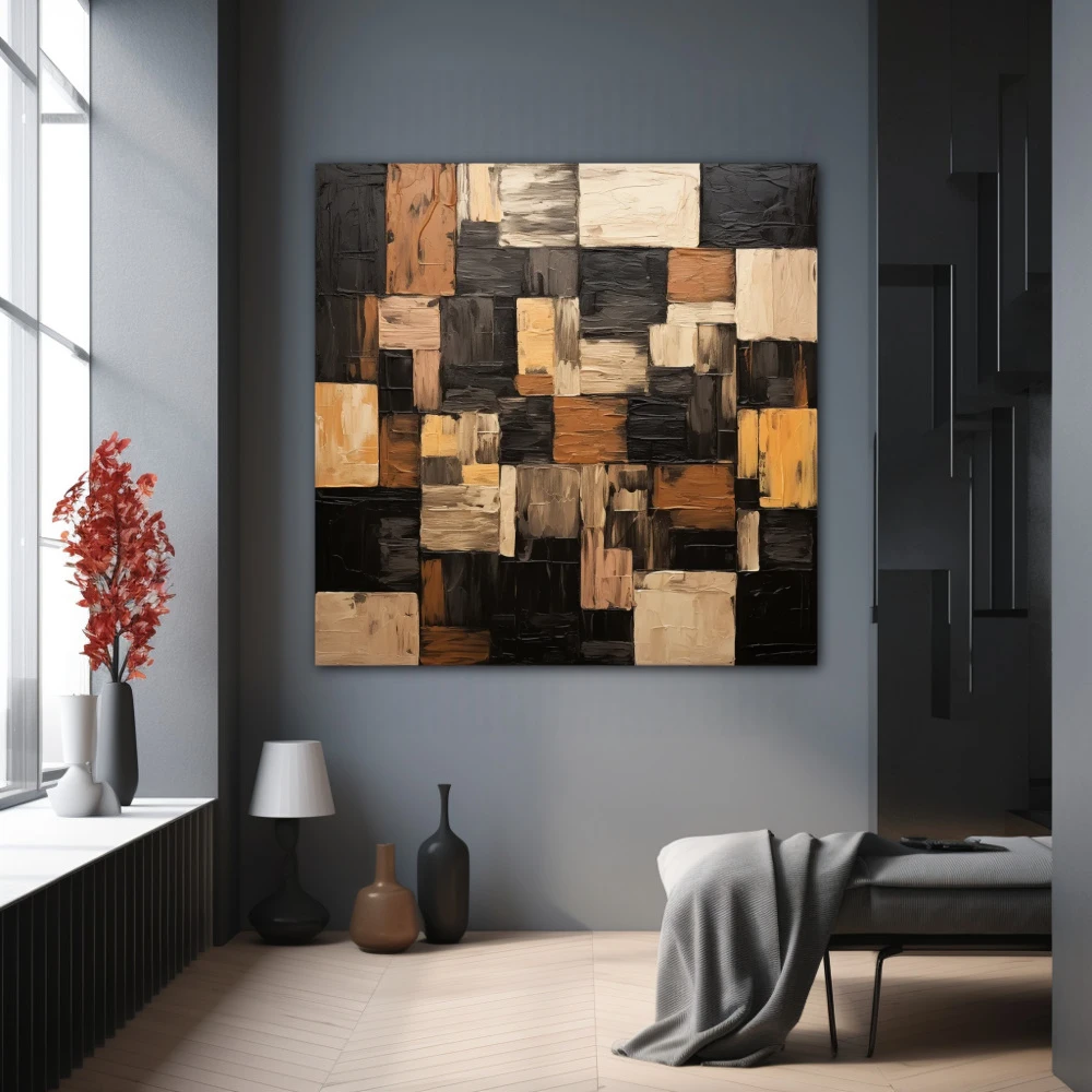 Wall Art titled: Geometric Brushstrokes in a Square format with: Brown, Black, and Beige Colors; Decoration the Grey Walls wall