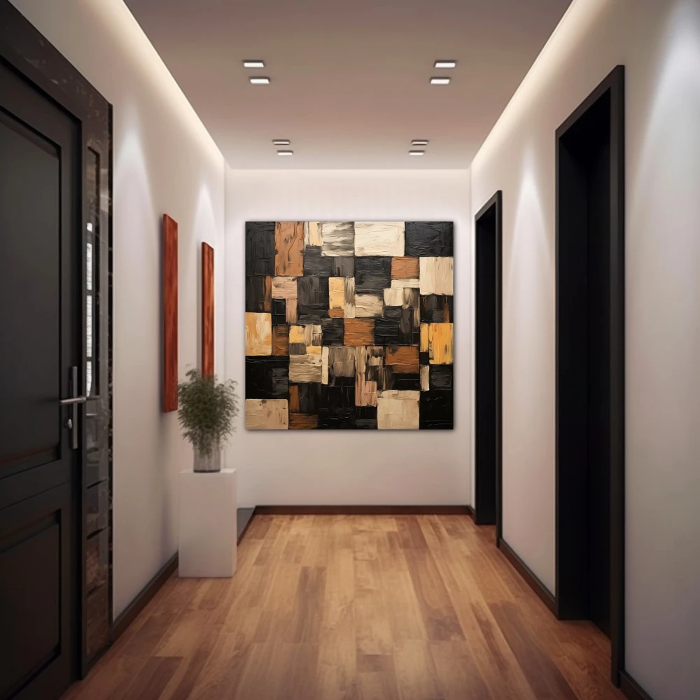 Wall Art titled: Geometric Brushstrokes in a Square format with: Brown, Black, and Beige Colors; Decoration the Hallway wall