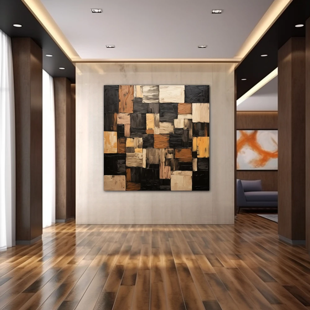 Wall Art titled: Geometric Brushstrokes in a Square format with: Brown, Black, and Beige Colors; Decoration the Hallway wall