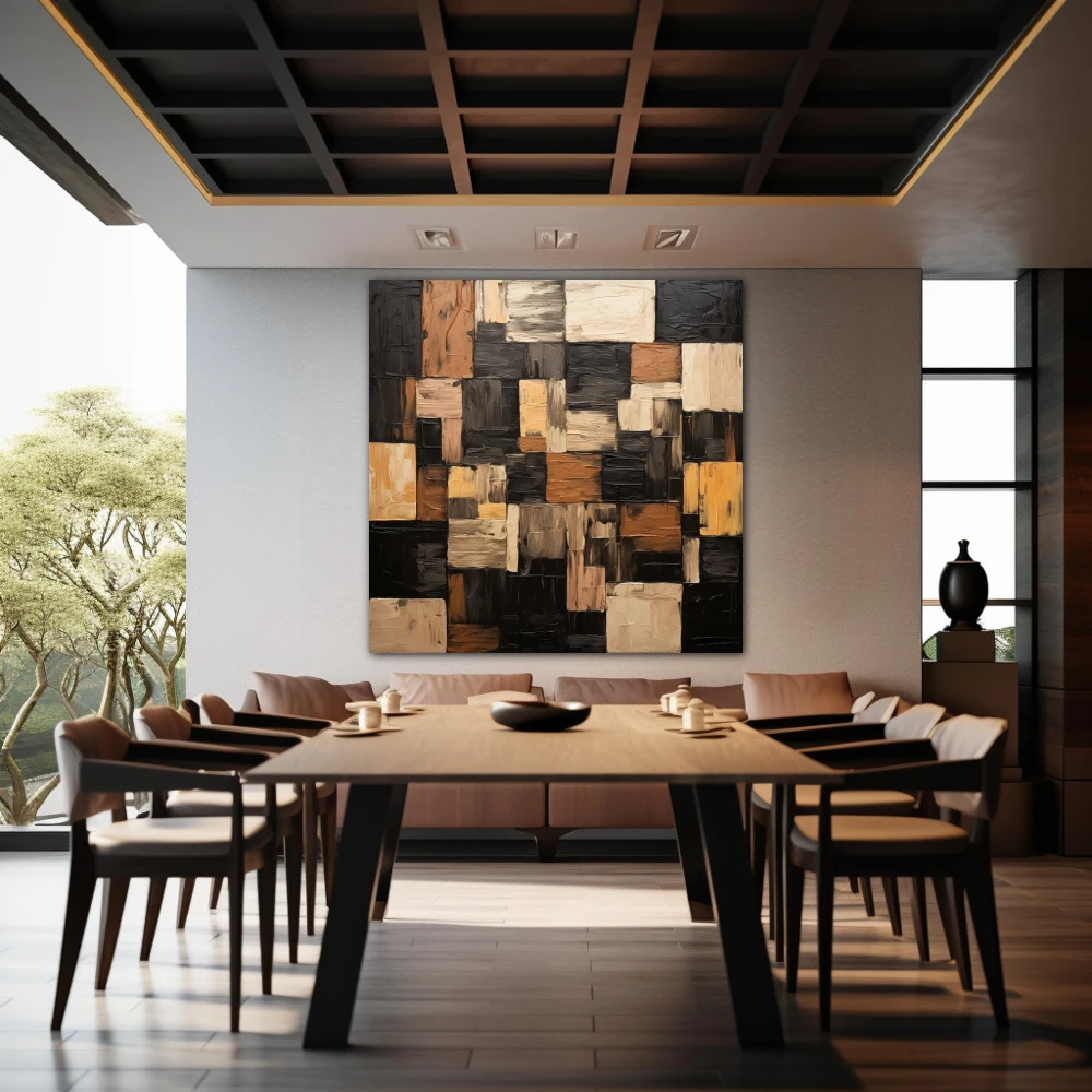 Wall Art titled: Geometric Brushstrokes in a Square format with: Brown, Black, and Beige Colors; Decoration the Restaurant wall