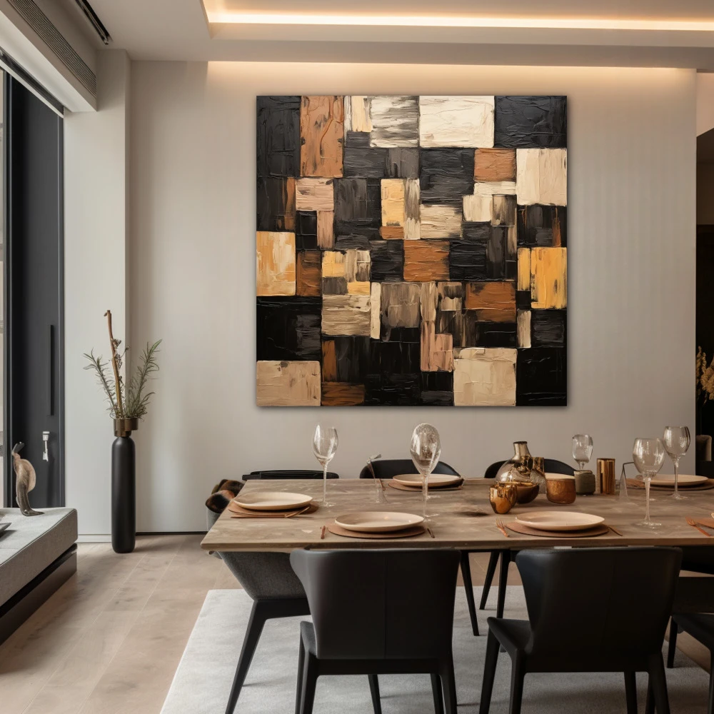 Wall Art titled: Geometric Brushstrokes in a Square format with: Brown, Black, and Beige Colors; Decoration the Living Room wall