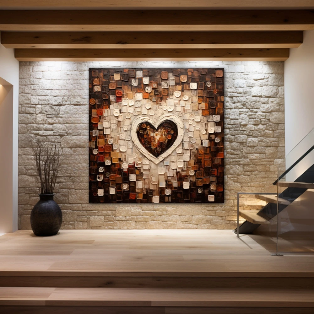 Cuadro amor al cuadrado en formato cuadrado con colores blanco, marrón, beige; decorando pared piedra