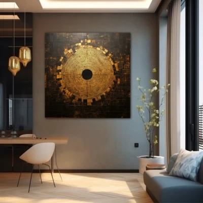 Wall Art titled: Squaring the Circle in a Square format with: Golden, and Brown Colors; Decoration the Grey Walls wall