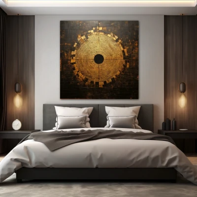 Wall Art titled: Squaring the Circle in a  format with: Golden, and Brown Colors; Decoration the Bedroom wall