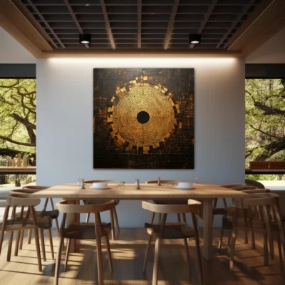 Wall Art titled: Squaring the Circle in a  format with: Golden, and Brown Colors; Decoration the Restaurant wall