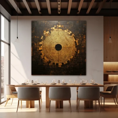 Wall Art titled: Squaring the Circle in a Square format with: Golden, and Brown Colors; Decoration the Restaurant wall