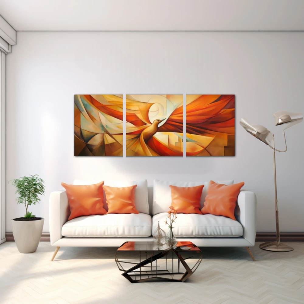 Cuadro ave fenix cubista en formato políptico con colores amarillo, naranja; decorando pared blanca