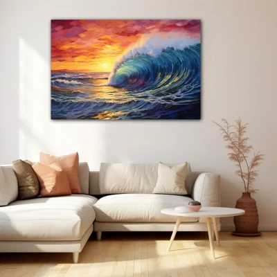 Cuadro surfeando el atardecer en formato horizontal con colores amarillo, azul, rojo; decorando pared beige