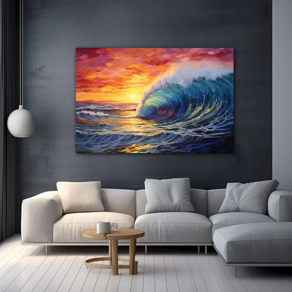 Cuadro surfeando el atardecer en formato horizontal con colores amarillo, azul, rojo; decorando pared gris