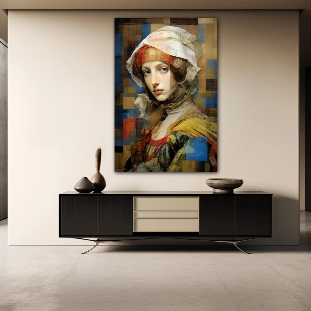 Wall Art titled: Lady of the Modern Renaissance in a Vertical format with: Yellow, white, and Pastel Colors; Decoration the Sideboard wall