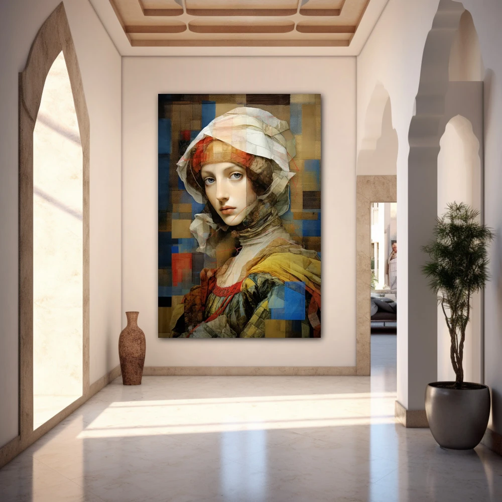 Wall Art titled: Lady of the Modern Renaissance in a Vertical format with: Yellow, white, and Pastel Colors; Decoration the Entryway wall